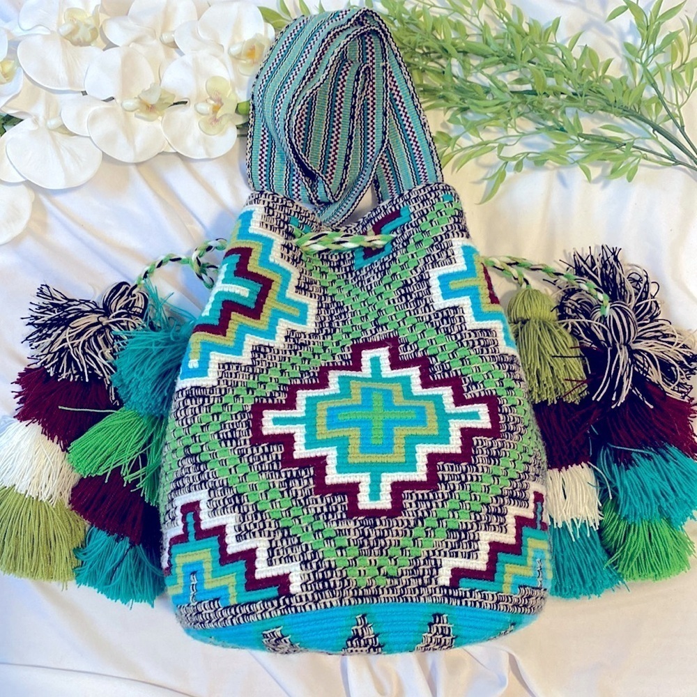 Brown Green Tribal Pattern Deluxe Wayuu Double Drawstring Crossbody Mochila Bag